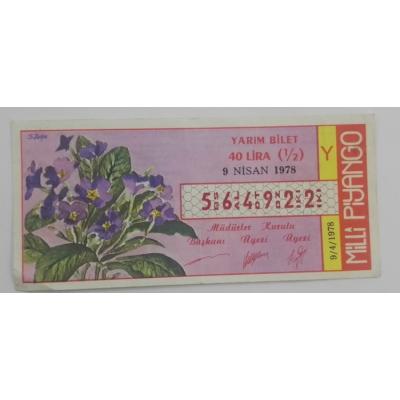 9 Nisan 1978 - Yarım bilet - Milli Piyango bileti - Efemera