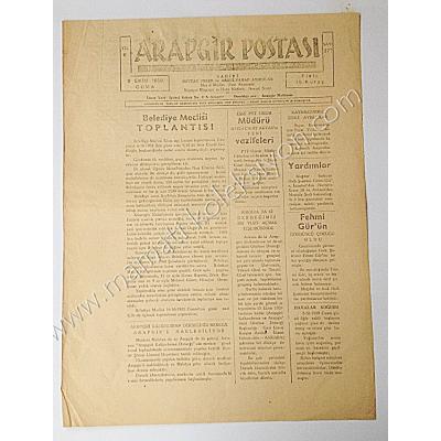 Arapgir Postası gazetesi, 9 Ekim 1959 MALATYA, ARAPGİR - Efemera