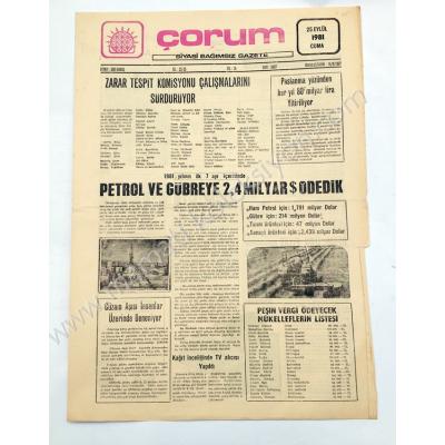 Çorum Siyasi bağımsız gazete, 25 Eylül 1981 Çorum - Efemera