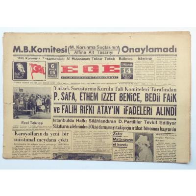 Ege gazetesi, 14 Eylül 1960, Peyami SAFA, E. İzzet BENİCE, F. Rıfkı ATAY - Efemera