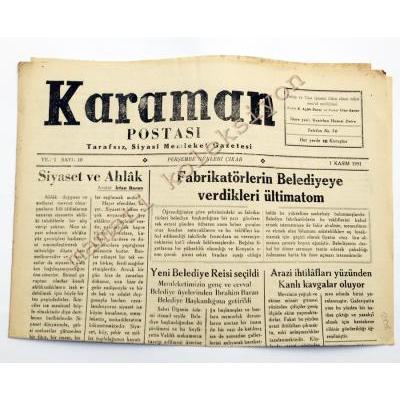 Karaman Postası Gazetesi, 1 Kasım 1951 - Efemera