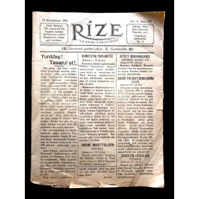 Rize Gazetesi - 12 Birincikanun 1936 / Haliyle