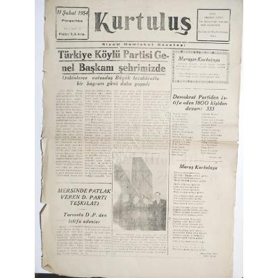 11 Şubat 1954 Kurtuluş gazetesi MARAŞ  - Eski Gazete