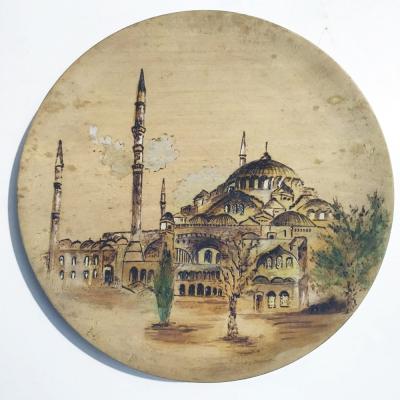Ahşap yakma tekniğiyle yapılmış, camii - Ahşap tabak