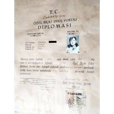 Bakırköy Yeni Özel Biçki Dikiş Yurdu Diploması 1951