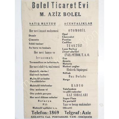Bolel Ticaret Evi - Eskişehir - 1953 yılına ait, gazete, dergi reklamı