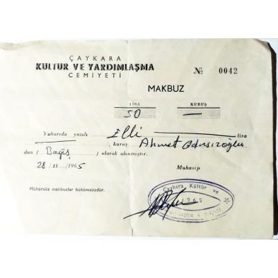 Çaykara Kültür ve Yardımlaşma Cemiyeti / 1965 yılı makbuz / Efemera