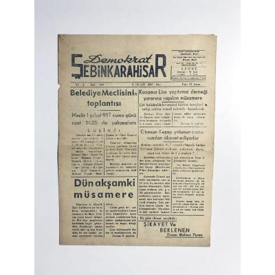 Demokrat Şebinkarahisar gazetesi. 5 Şubat 1957