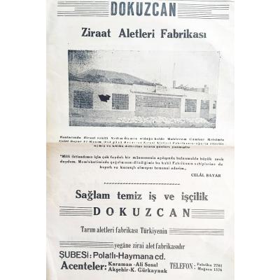 Dokuzcan Ziraat aletleri fabrikası ESKİŞEHİR - Gazete. dergi reklamı