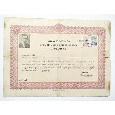 Fikri T. Kardeş Otomobil ve Makinist dersevi Diploması 1941- Efemera
