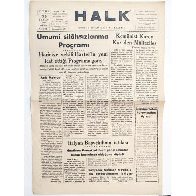 Halk Gazetesi 26 Şubat 1960 TRABZON - Gazete