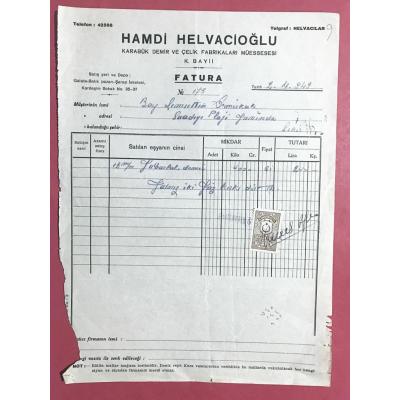 Hamdi HELVACİOĞLU - Karabük Demir ve Çelik Fabrikaları / 1949 Tarihli Fatura