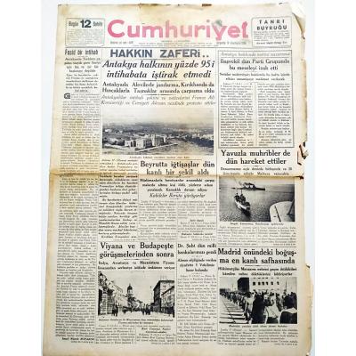 Hatay meselesi haberli - 18 İkinciteşrin 1936 tarihli, Cumhuriyet gazetesi