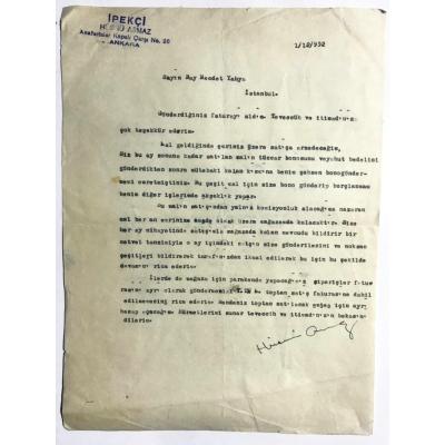 İpekçi Hüsnü ASMAZ ANKARA - 1952 Tarihli Yazışma 
