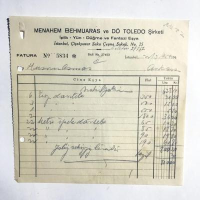 Menahem BEHMUARAS ve Dö Toledo Şirketi - 1950 Tarihli Fatura