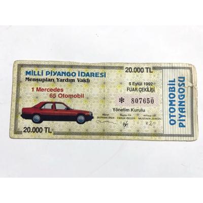 Milli Piyango / Otomobil piyangosu 5 Eylül 1992 