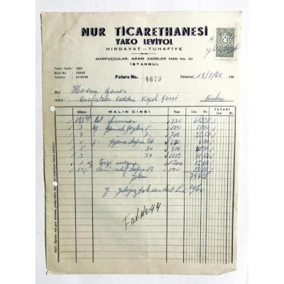 Nur Ticarethanesi - Yako LEVİYOL / 1962 Tarihli Fatura