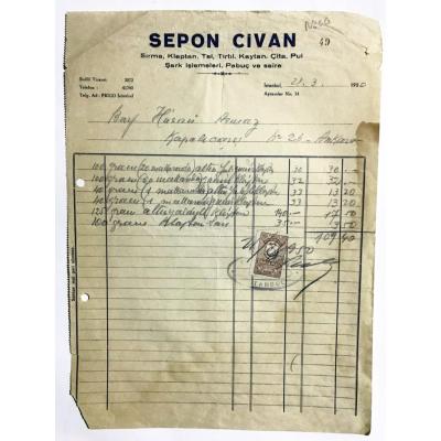 Sepon CİVAN - Sırma, Klaptan - 1950 Tarihli Fatura