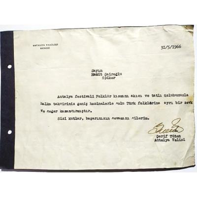 Spiker Hamit ŞAİROĞLU - Antalya Festivali, 1966 tarihli yazışma 