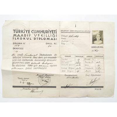 Tekirdağ Cumhuriyet İlkokulu Diploma 1944 tarihli- Efemera