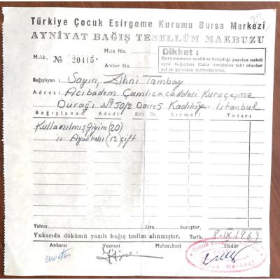 Türkiye Çocuk Esirgeme Kurumu Bursa Merkezi - 1969 tarihli, yardım makbuzu