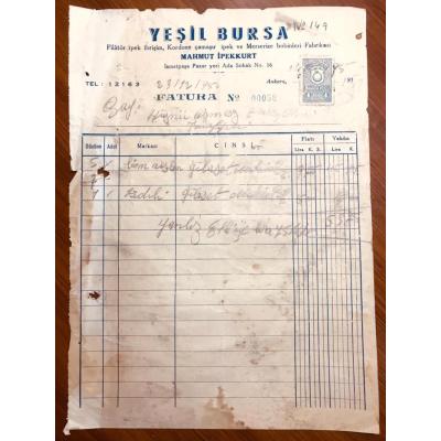 Yeşil Bursa Mahmut İPEKKURT - 1950 Tarihli Fatura