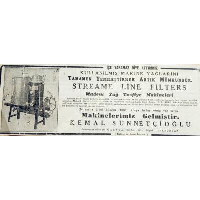 Streame Line Filters madeni yağ tasfiye makineleri Kemal SÜNNETÇİOĞLU  - Dergiden çıkma reklam - Efemera