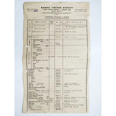 Şenöz Limidet Şirketi Haftalık Piyasa Listesi 1950 - Efemera