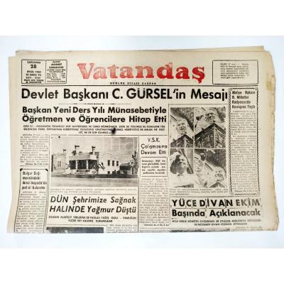 Devlet Başkanı C. Gürsel'in mesajı - Adana Vatandaş gazetesi,  28 Eylül 1960 - Efemera