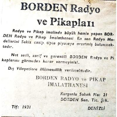 Borden Radyo ve Pikapları DENİZLİ 10x10  cm. / Dergi, gazete reklamı - Efemera