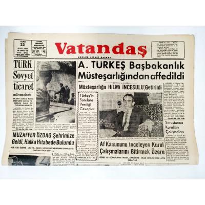 Alpaslan TÜRKEŞ Başbakanlık Müsteşarlığından affedildi - Adana Vatandaş gazetesi,  23 Eylül 1960 - Efemera