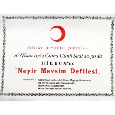 Kızılay Beyoğlu şubesi 1963 Hilton Neyir Mevsim Defilesi / Karton reklam  - Efemera