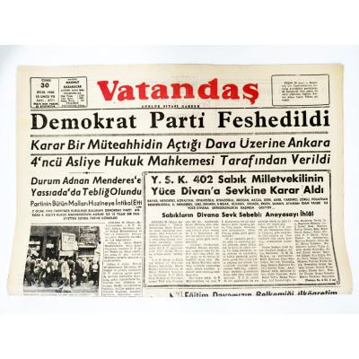 Demokrat Parti feshedildi, Adana, Vatandaş gazetesi, 30 Eylül 1960 - Efemera