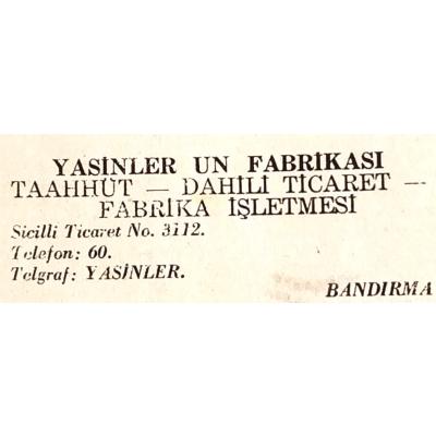 Yasinler Un Fabrikası BANDIRMA / Dergi, gazete reklamı - Efemera