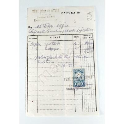 Yeni Şükran Oteli İZMİR / 1955 yılına ait fatura - Efemera