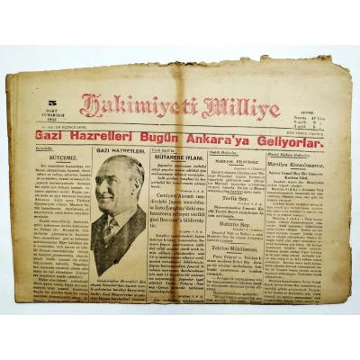 Gazi hazretleri bugün Ankara'ya, haberli Hakimiyeti Milliye gazetesi -  Mart 1932 / Gazete