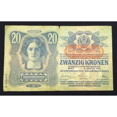 1913 Avusturya Macaristan 20 Kron - Haliyle /  Nümismatik