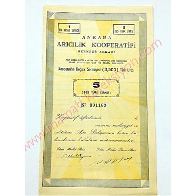 Ankara Arıcılık Kooperatifi 1951 - Hisse senedi Balcılık Tarihi Efemeraları - Efemera