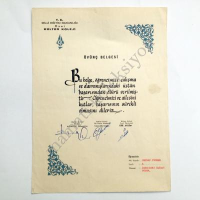 Bakırköy Kültür Koleji - Övünç belgesi - 1966 - Efemera