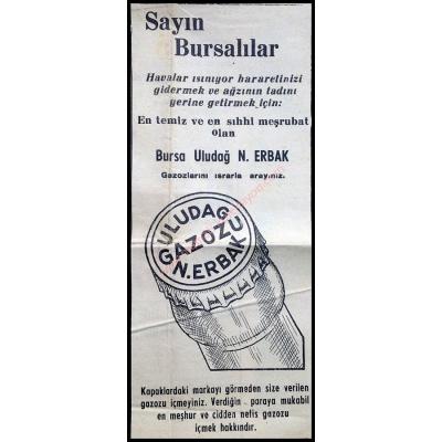 Bursa Uludağ Gazozu - N. Erbak, reklam Yeme İçme efemeraları - Efemera