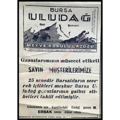 Bursa Uludağ Meyve Kokulu Gazozu, reklam Yeme İçme efemeraları - Efemera