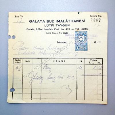 Galata Buz İmalathanesi - 1950 tarihli Fatura - Efemera