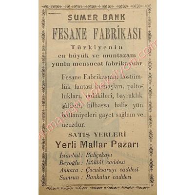 Sümerbank Fesane Fabrikası, - Dergiden çıkma reklam Tekstil giyim kuşam efemeraları, Sümerbank, - Efemera