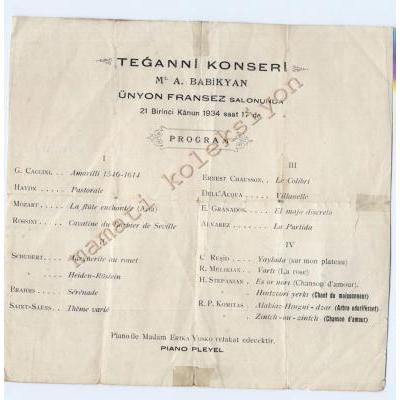 Teganni Konseri - A. BABİKYAN Ünyon Fransez salonunda 1934  Program - Efemera