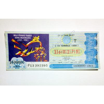 19 Temmuz 1998 Tam Bilet - Milli piyango bileti Milli Piyango idaresi 59. yıl - Efemera