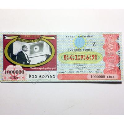 29 Ekim 1998 Yarım bilet - Milli Piyango bileti 29 Ekim, Cumhuriyetimiz 75 yaşında - Efemera