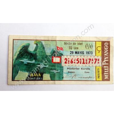 29 Mayıs 1973 Dörtte bir bilet, milli piyango Havacılık temalı piyangolar Eski Piyango - Efemera