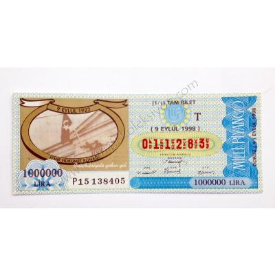 9 Eylül 1998 Tam bilet - Milli Piyango İzmir Hükümet Konağı - Efemera