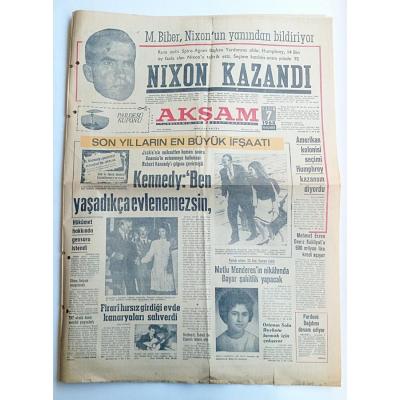 Akşam gazetesi, 7 Kasım 1968, Kennedy, Nixon, Mutlu Menderes - Efemera