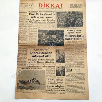 Dikkat günlük siyasi müstakil gazete, 23 Kasım 1946 Ankara - Efemera